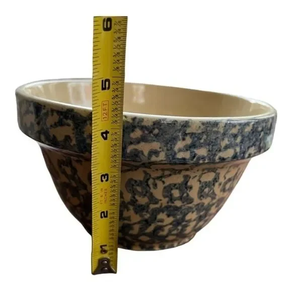 ROBINSON RANSBOTTOM pottery BLUE SPONGEWARE MIXING BOWL W/ SUNSET RIM PATTERN - Picture 3 of 5